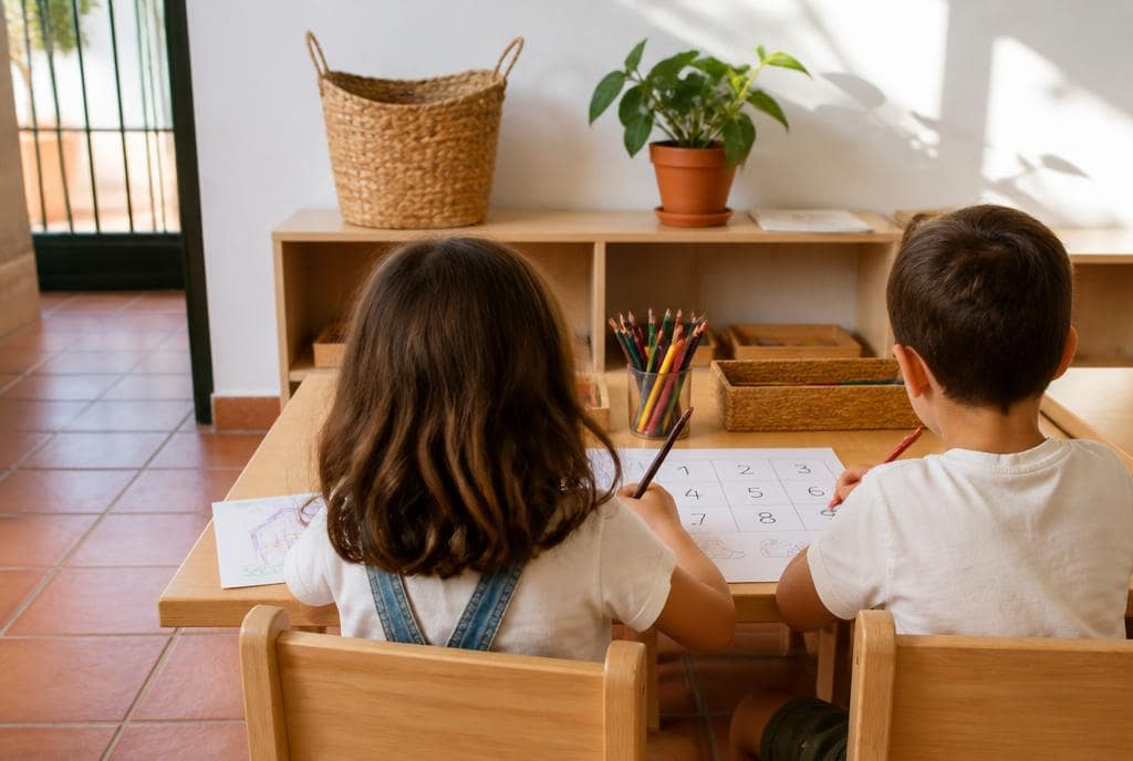 Barn i förskoleklass sitter vid ett lågt bord och övar siffror med pennor