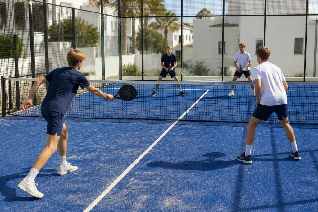 Ungdomar spelar padel på bana med glasväggar
