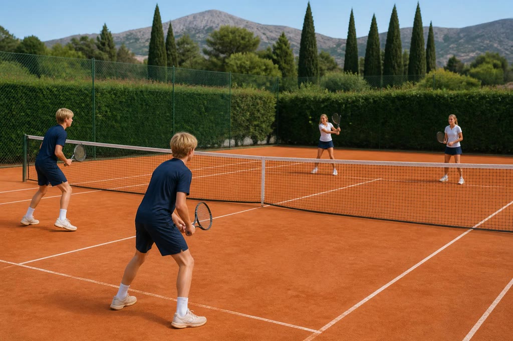 Tennisträning på grusbana med bergen i bakgrunden